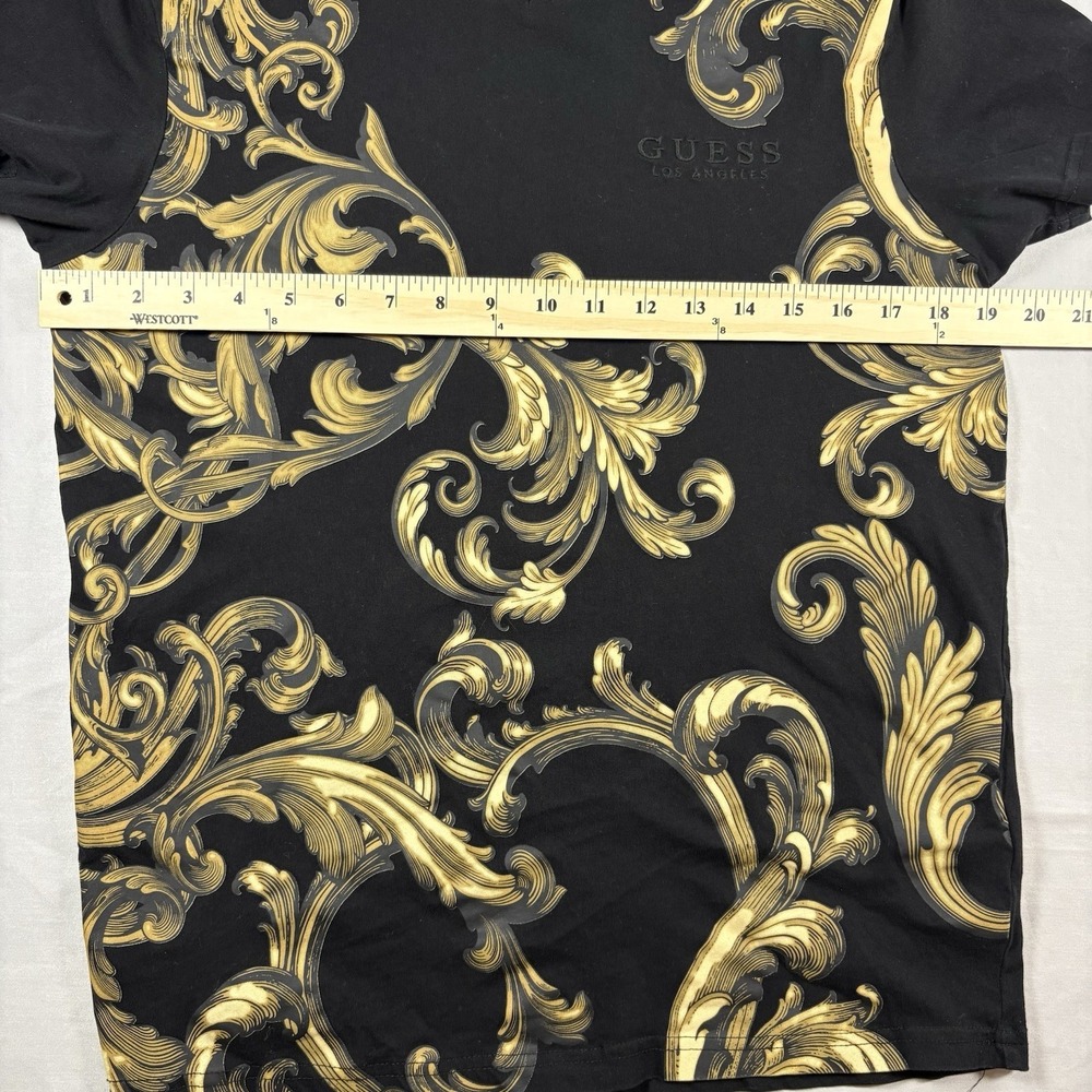 Guess Los Angeles Baroque Print V Neck T Shirt Mens M Black Gold Scroll Graphic - Picture 7 of 9